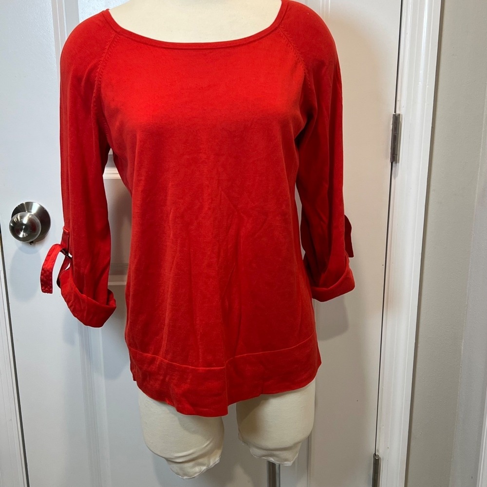 Kenneth Cole Womens Sweater Silk Cotton Blend Roll Tab Sleeve Red Size M